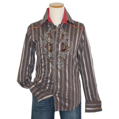 Apricottree Brown/Beige Stripes With Bronze/Wooden Ornaments Long Sleeves Cotton Shirt AT1323